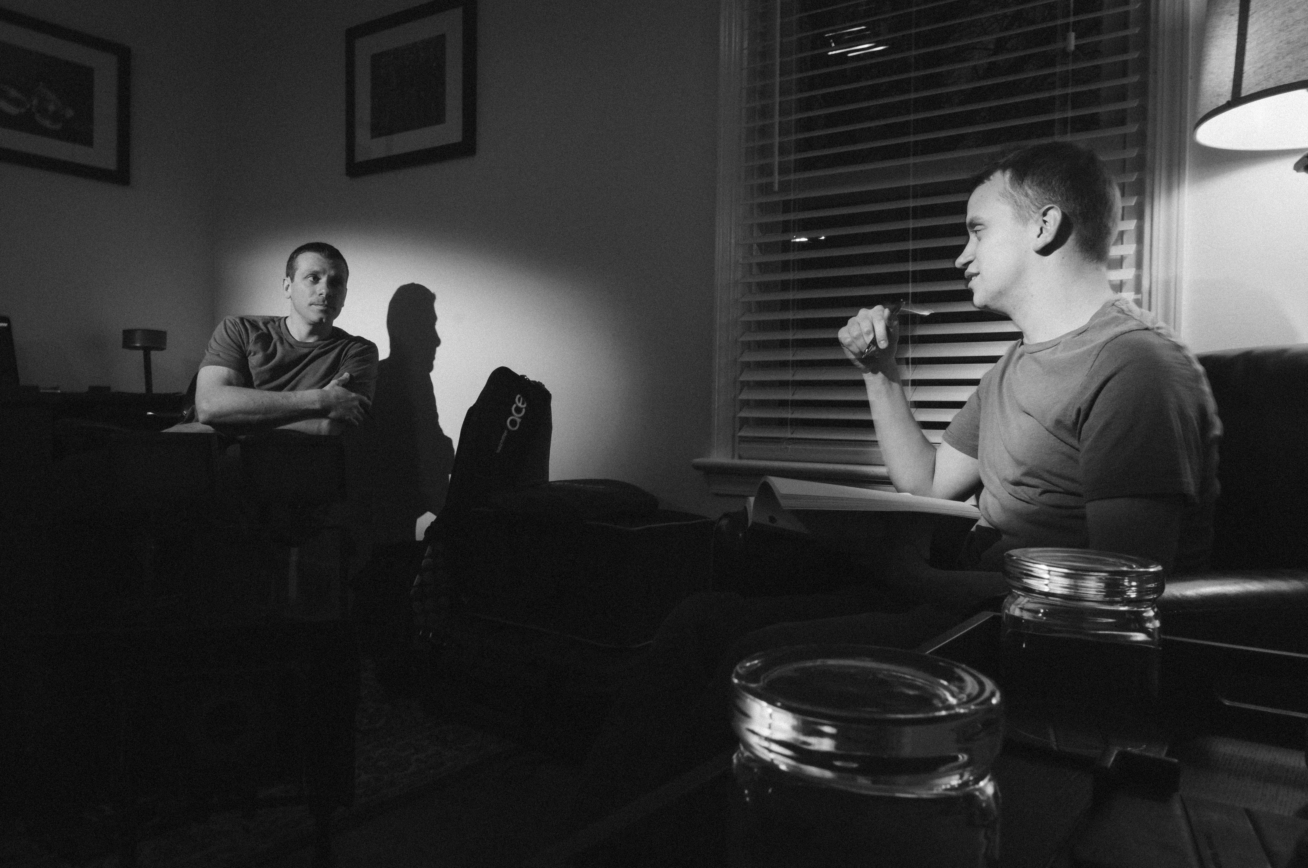 Jeff Balmert and John Rokosz, scriptwriting in White Ball Productions studio